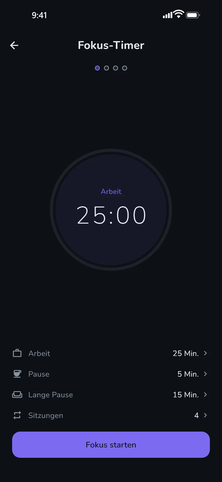 Der Bildschirm „Fokus-Timer“ in Optophone