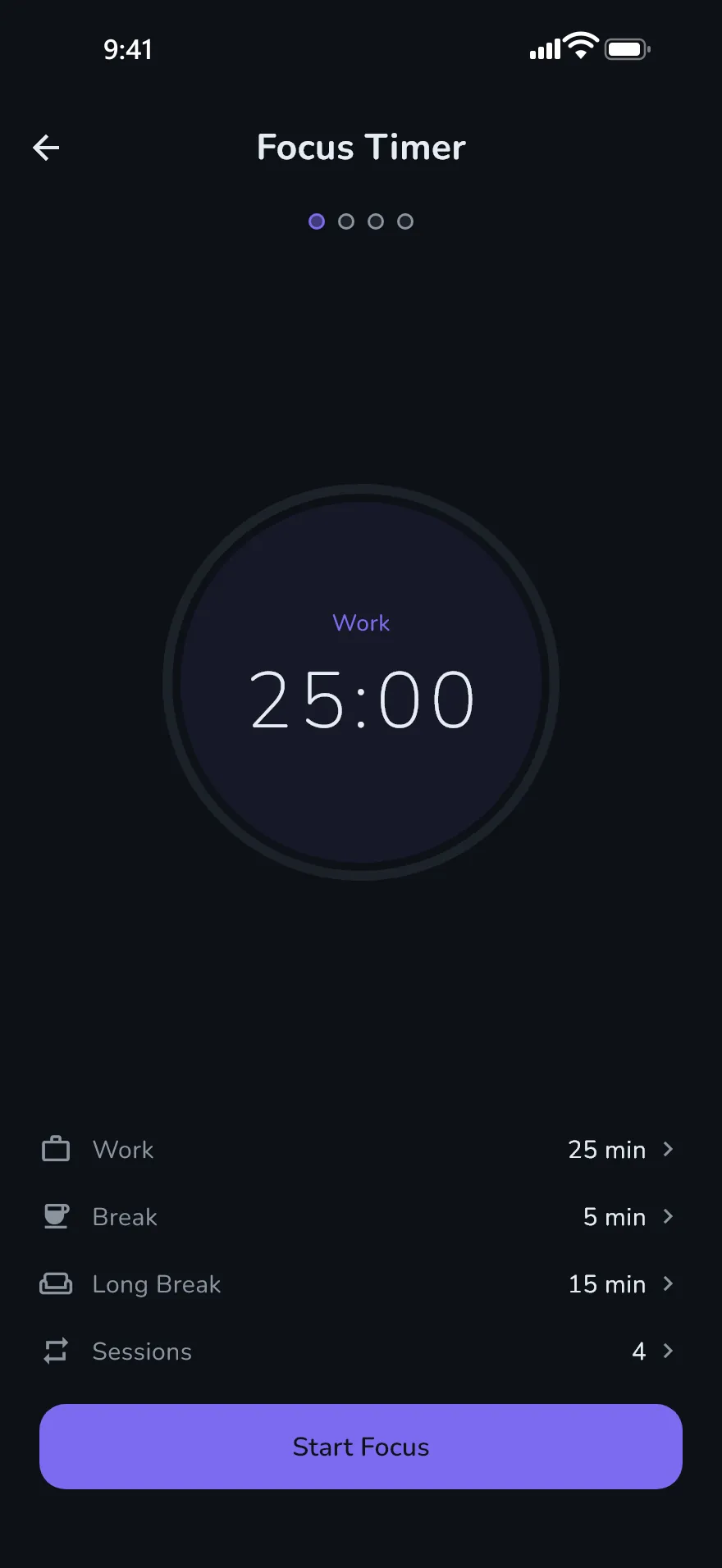 The Focus timer screen in Optophone