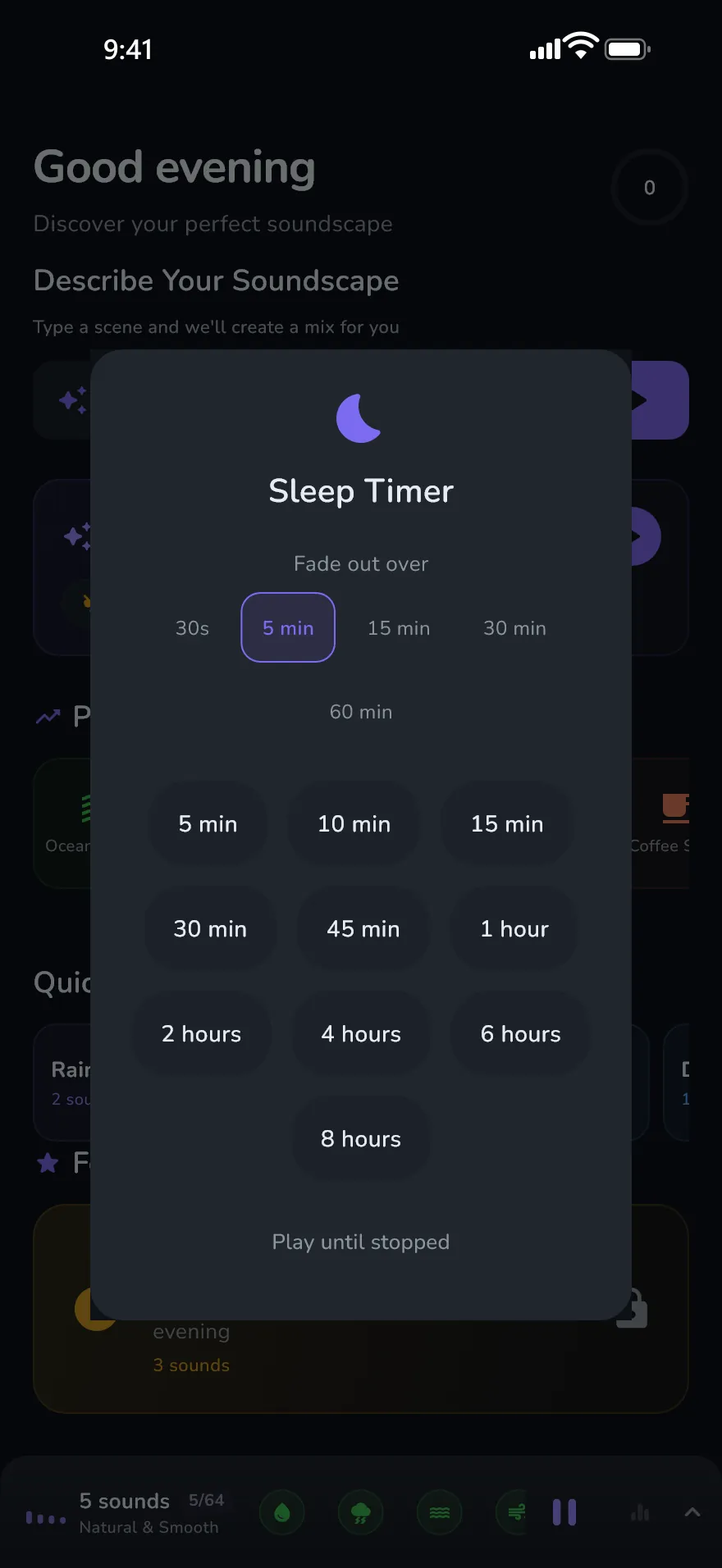 The Sleep timer screen in Optophone